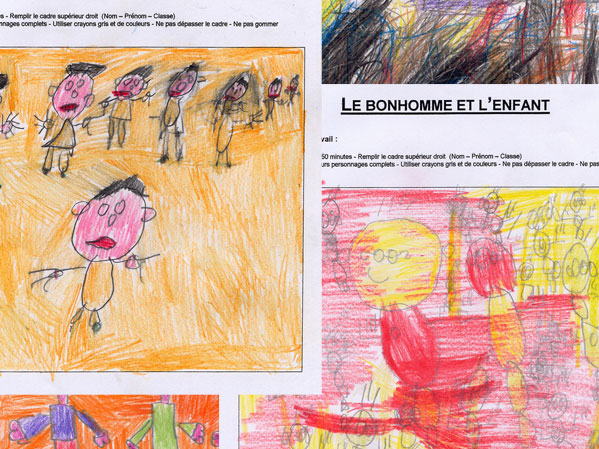 Le bonhomme et l'enfant : Illustration d'une étape du déroulement de cours d'une fiche d'activité (fiche de cours) de l'atelier ART et différences destinée à l'enseignement spécialisé