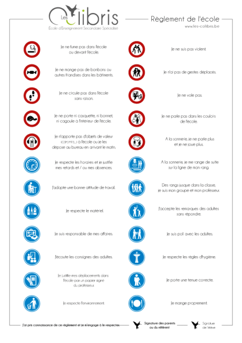 Règlement d'ordre intérieur de l'école "Les Colibris" en pictogrammes