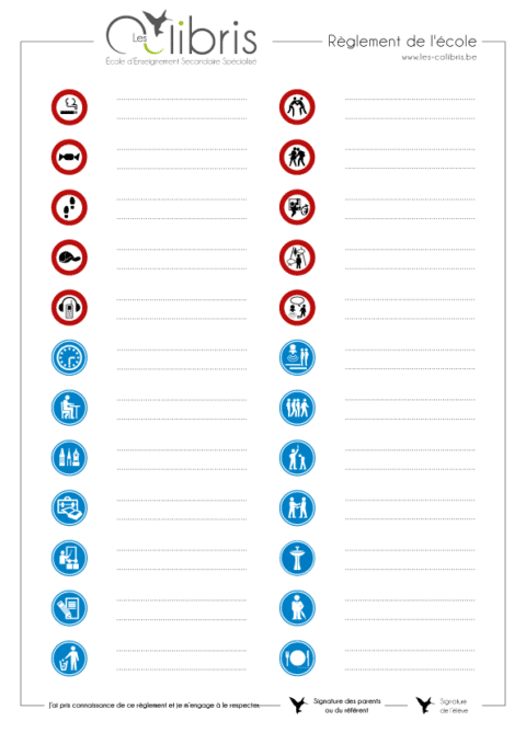 Règlement d'ordre intérieur de l'école "Les Colibris" en pictogrammes