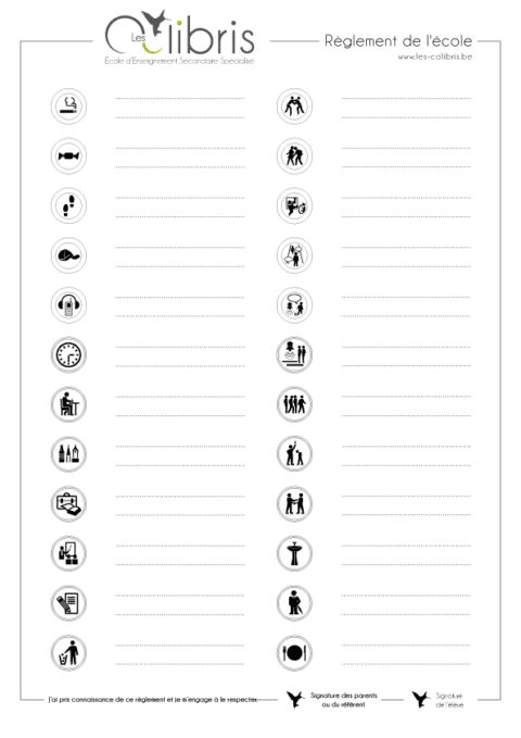 Règlement d'ordre intérieur de l'école "Les Colibris" en pictogrammes