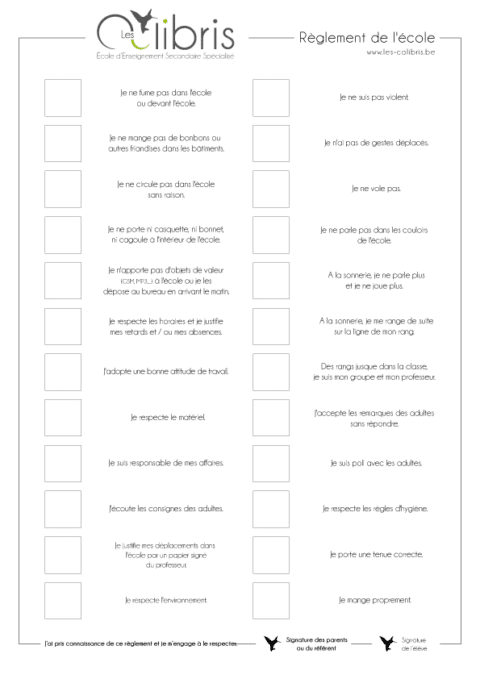 Règlement d'ordre intérieur de l'école "Les Colibris" en pictogrammes