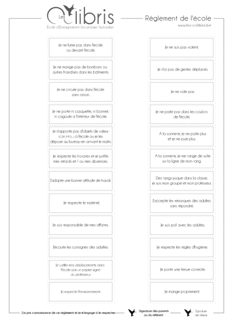 Règlement d'ordre intérieur de l'école "Les Colibris" en pictogrammes